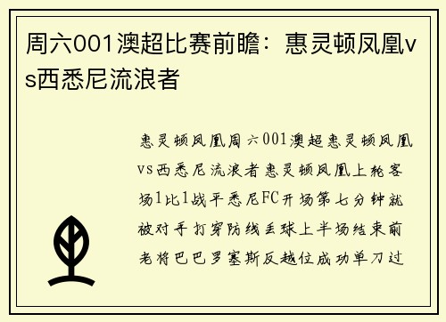 周六001澳超比赛前瞻：惠灵顿凤凰vs西悉尼流浪者