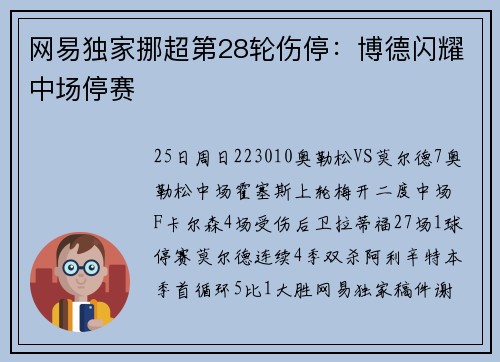 网易独家挪超第28轮伤停：博德闪耀中场停赛
