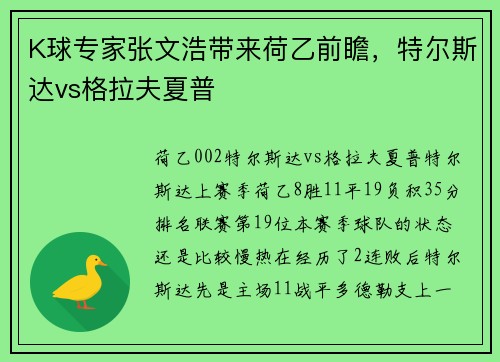 K球专家张文浩带来荷乙前瞻，特尔斯达vs格拉夫夏普