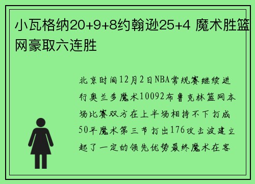 小瓦格纳20+9+8约翰逊25+4 魔术胜篮网豪取六连胜