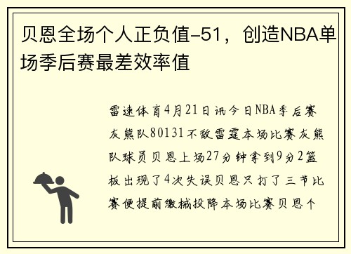 贝恩全场个人正负值-51，创造NBA单场季后赛最差效率值